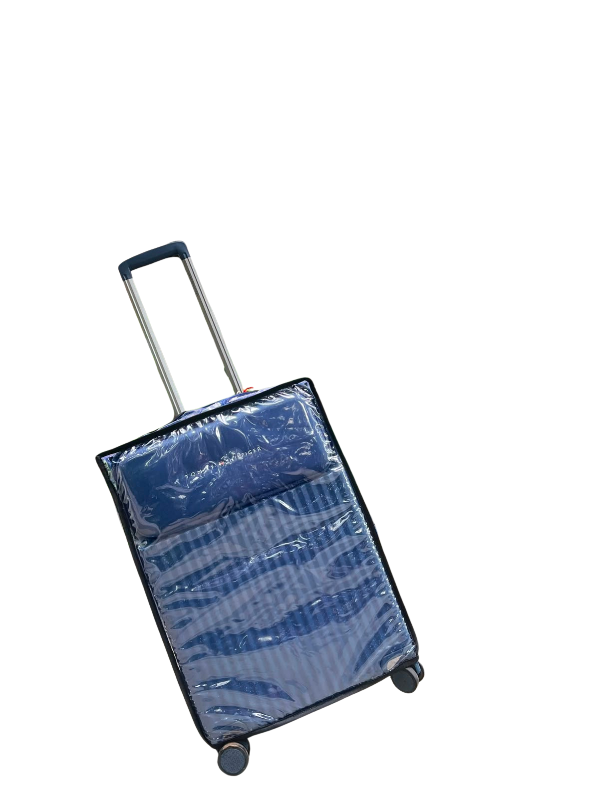 Transparent PVC trolley bag cover fitted on a navy suitcase